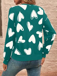 SHEIN LUNE Allover Heart Print Drop Shoulder Sweatshirt - Green - View 2