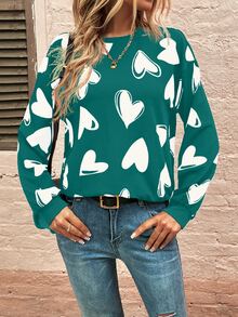SHEIN LUNE Allover Heart Print Drop Shoulder Sweatshirt - Green - View 3