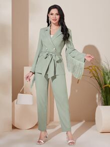 Modelyn Fringe Trim Belted Blazer & Trousers Set - Mint Green - View 3