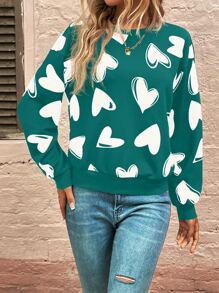 SHEIN LUNE Allover Heart Print Drop Shoulder Sweatshirt - Green - View 5