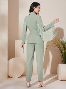 Modelyn Fringe Trim Belted Blazer & Trousers Set - Mint Green - View 2