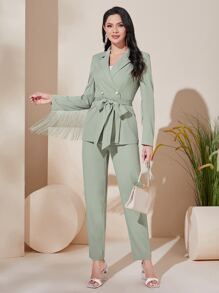 Modelyn Fringe Trim Belted Blazer & Trousers Set - Mint Green - View 1