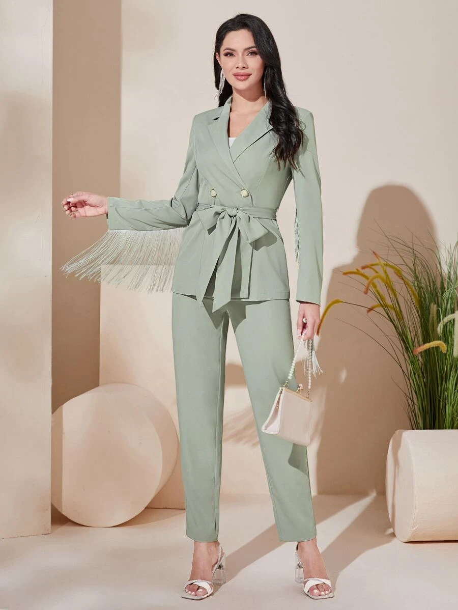 Modelyn Fringe Trim Belted Blazer & Trousers Set - Mint Green - View 1