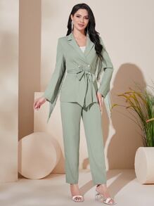 Modelyn Fringe Trim Belted Blazer & Trousers Set - Mint Green - View 4