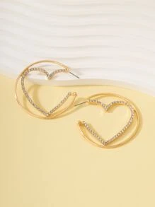 Rhinestone Heart Decor Cuff Hoop Earrings - Yellow Gold - View 2