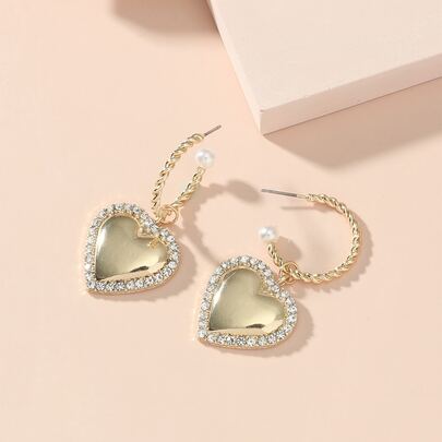 Rhinestone & Faux Pearl Decor Heart Drop Earrings