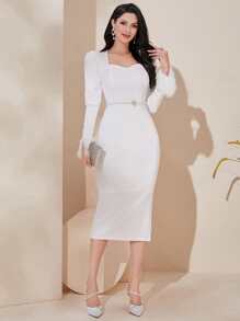 Modelyn 毛茸茸袖口雞心領口緊身連衣裙不附腰帶 - 白色 - 查看 4