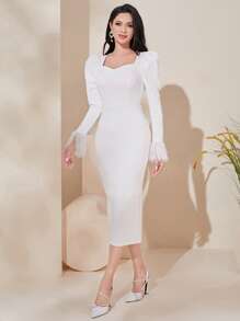 Modelyn 毛茸茸袖口雞心領口緊身連衣裙不附腰帶 - 白色 - 查看 2
