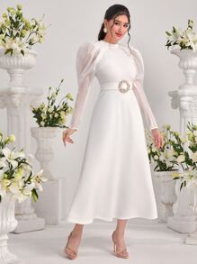 Modelyn Gigot Sleeve Belted Dress - White - View 1