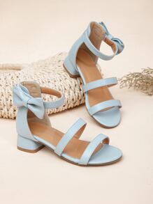 Girls Bow Decor Ankle Strap Heeled Sandals - Baby Blue - View 1