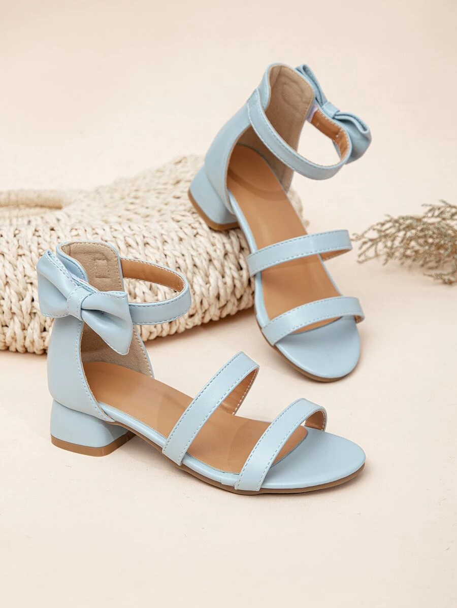 Girls Bow Decor Ankle Strap Heeled Sandals - Baby Blue - View 1