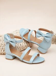 Girls Bow Decor Ankle Strap Heeled Sandals - Baby Blue - View 2