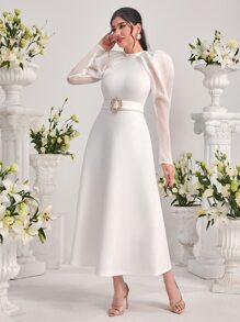 Modelyn Gigot Sleeve Belted Dress - White - View 5
