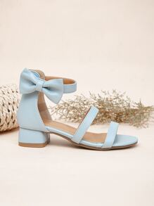 Girls Bow Decor Ankle Strap Heeled Sandals - Baby Blue - View 3
