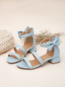 Girls Bow Decor Ankle Strap Heeled Sandals - Baby Blue - View 4