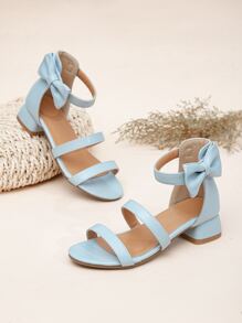 Girls Bow Decor Ankle Strap Heeled Sandals - Baby Blue - View 5