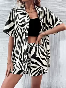 Chiquease Zebra Striped Drop Shoulder Shirt & Shorts - Multicolor - View 1