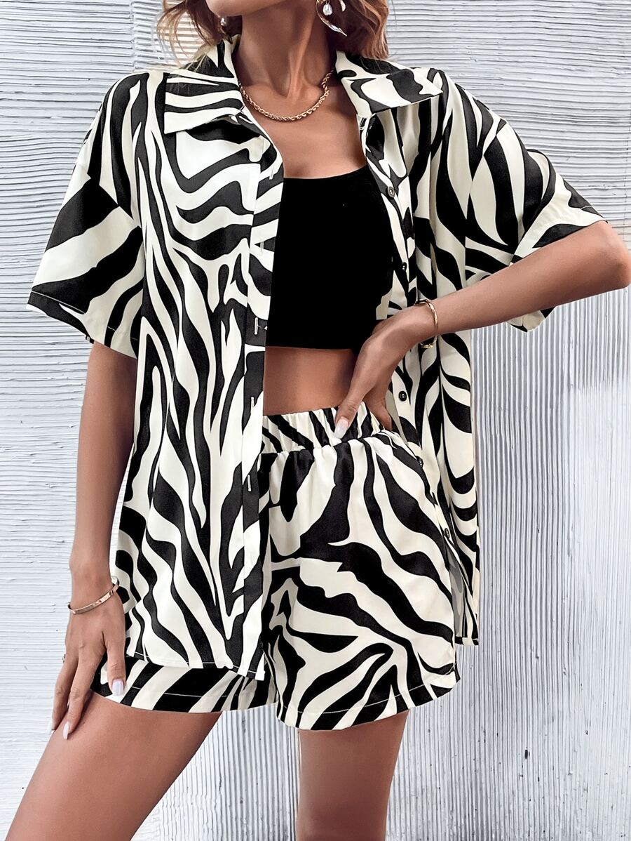 Chiquease Zebra Striped Drop Shoulder Shirt & Shorts - Multicolor - View 1