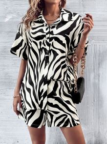 Chiquease Zebra Striped Drop Shoulder Shirt & Shorts - Multicolor - View 3