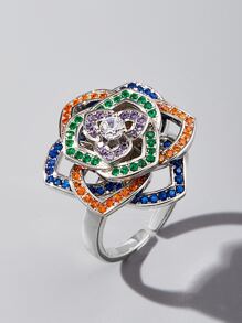 Rhinestone Flower Decor Silver Wedding Band - Multicolor - View 1