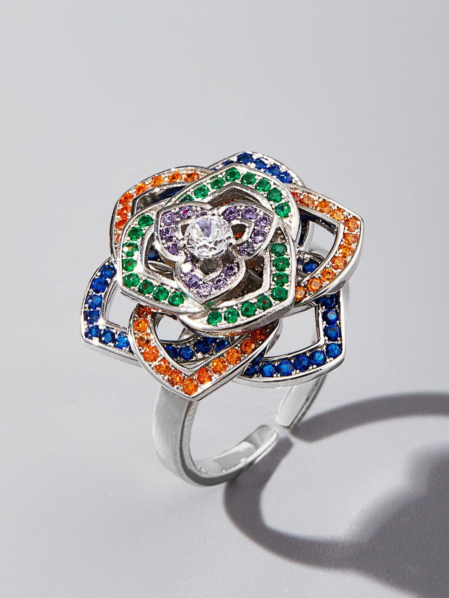 Rhinestone Flower Decor Silver Wedding Band - Multicolor - View 1