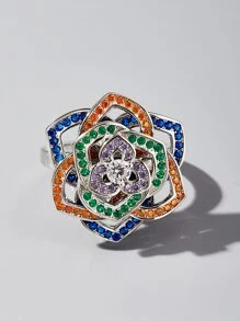 Rhinestone Flower Decor Silver Wedding Band - Multicolor - View 2