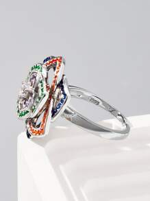 Rhinestone Flower Decor Silver Wedding Band - Multicolor - View 5