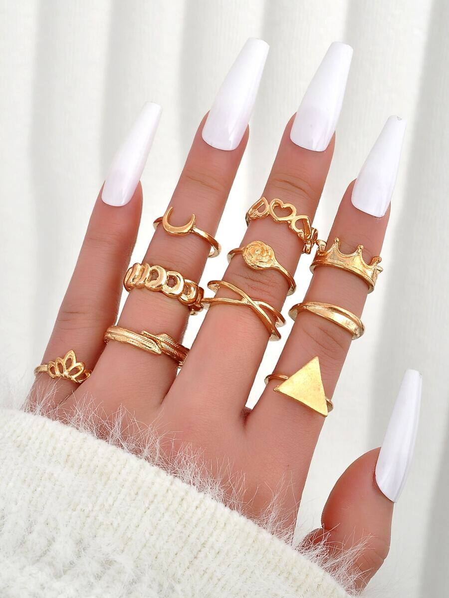 10 piezas Anillo con diseño de luna & corona - Amarillo Oro - Ver 1