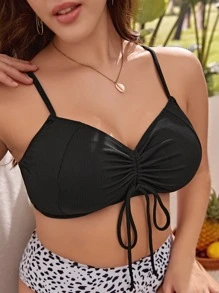 SHEIN Swim Curve 大碼前抽繩比基尼泳裝上衣 - 黑色 - 查看 4