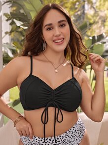 SHEIN Swim Curve 大碼前抽繩比基尼泳裝上衣 - 黑色 - 查看 5