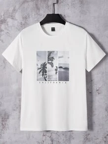 Manfinity BRENVOR 適合男士的短袖圓領圖形T恤，棕櫚樹休閒時尚男裝夏季服裝 - 白色 - 查看 1