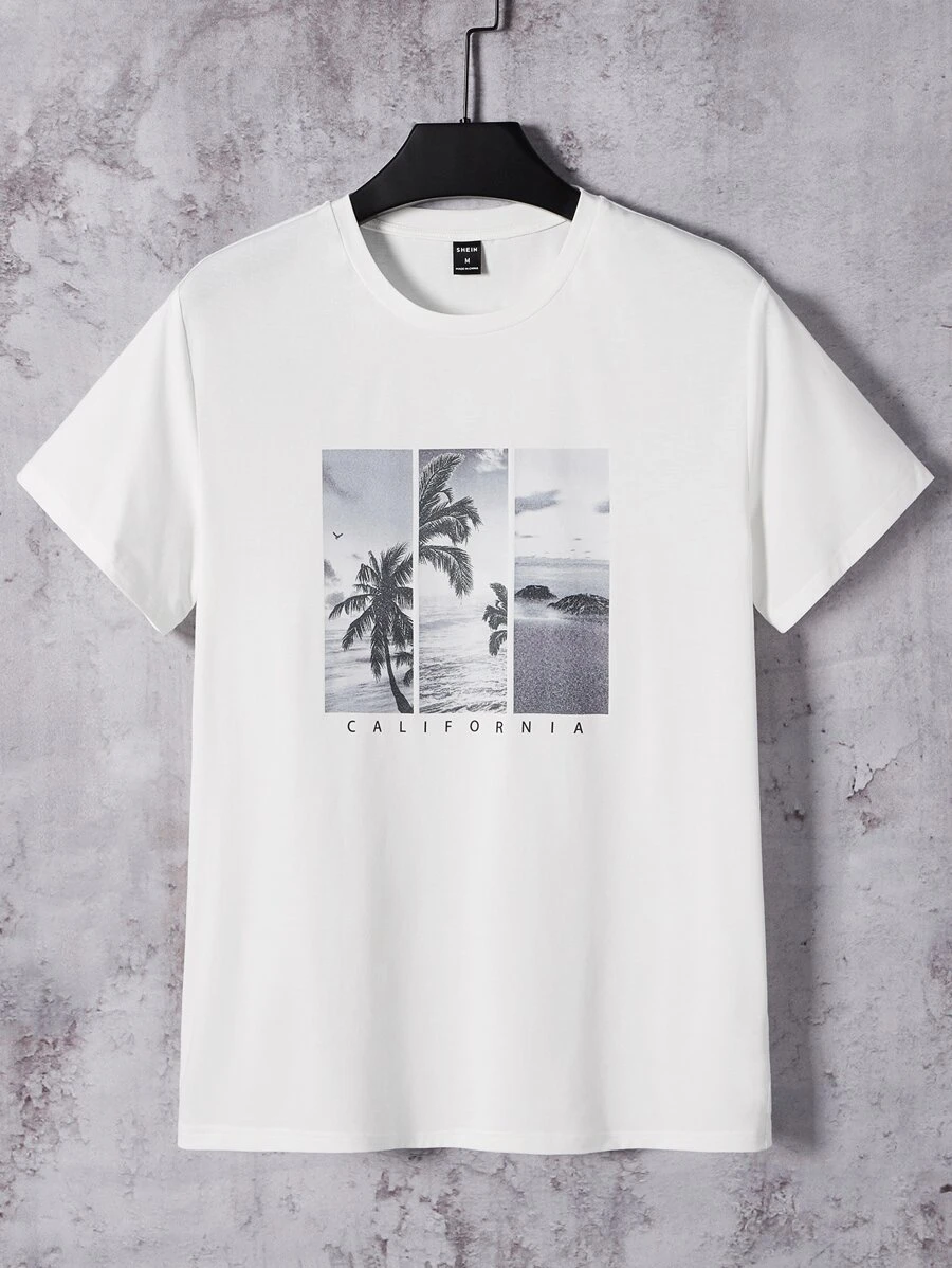 Manfinity BRENVOR 適合男士的短袖圓領圖形T恤，棕櫚樹休閒時尚男裝夏季服裝 - 白色 - 查看 1