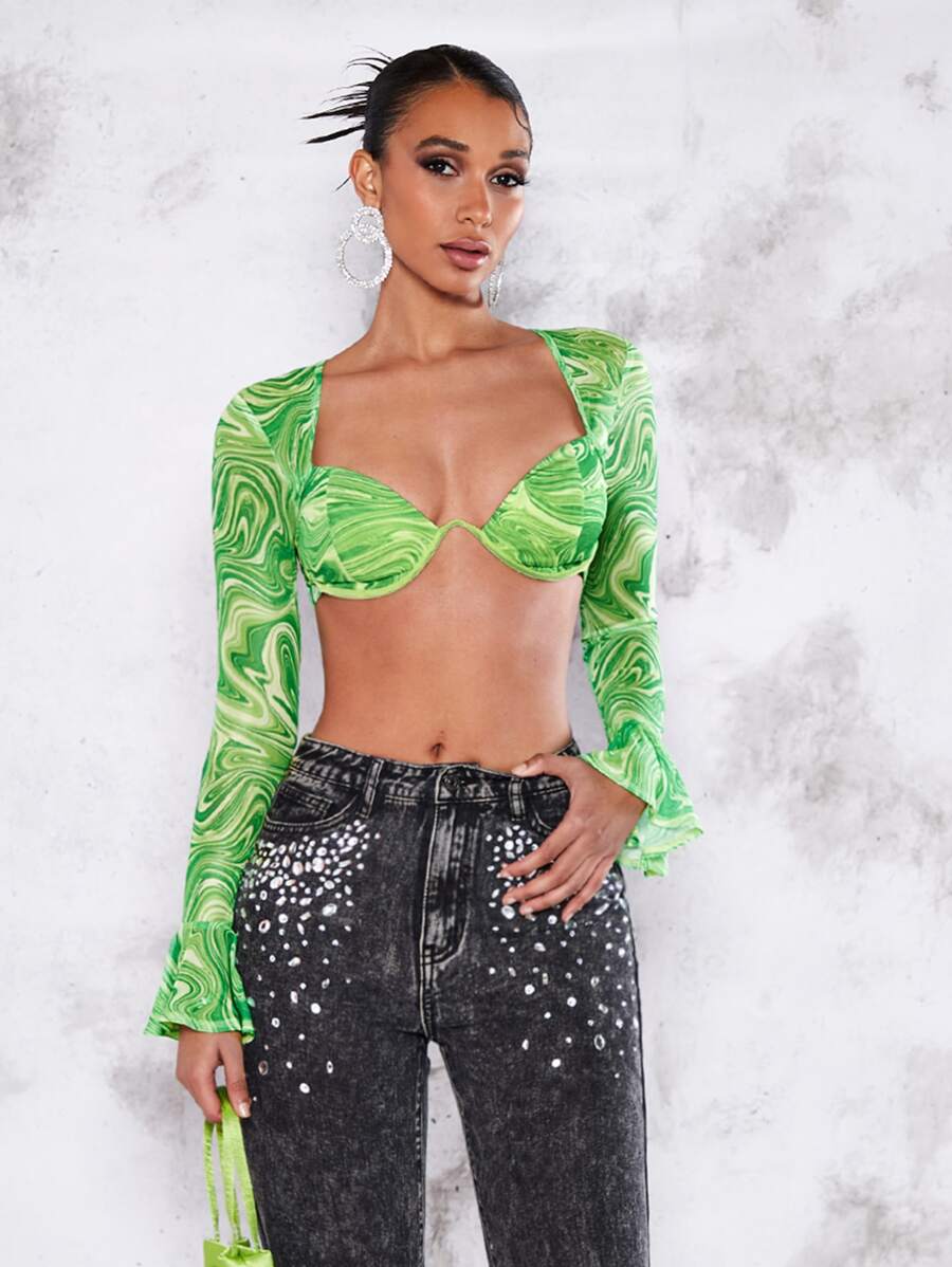 SHEIN BAE 大理石圖案荷葉袖短款上衣 - 青檸色 - 查看 1