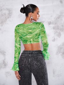 SHEIN BAE 大理石圖案荷葉袖短款上衣 - 青檸色 - 查看 2