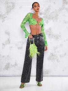 SHEIN BAE 大理石圖案荷葉袖短款上衣 - 青檸色 - 查看 4