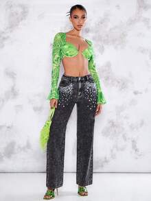 SHEIN BAE 大理石圖案荷葉袖短款上衣 - 青檸色 - 查看 5