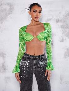 SHEIN BAE 大理石圖案荷葉袖短款上衣 - 青檸色 - 查看 6