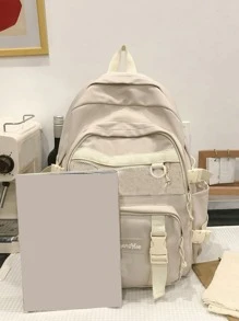 Large Capacity,Waterproof,Lightweight Letter Patch Functional Backpack With Bag Charm For Teen Girls Women College Students Perfect For School,College,Middle School, High School,Back To SchoolSchool Backpack,School Bag,Large Capacity,Lightweight,Portable,Classic Casual, Suitable For Teen Girls Women College Students,Rookies & White-Collar Workers,Boys And Men, Perfect For Back To School,First Day Of School,Middle School, High School,College - Beige - View 4