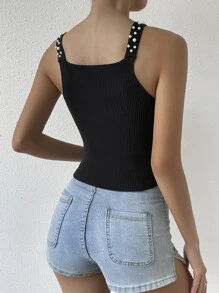 Zolique Pearls Beaded Cami Knit Top - Black - View 2