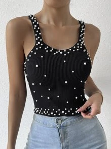 Zolique Pearls Beaded Cami Knit Top - Black - View 5