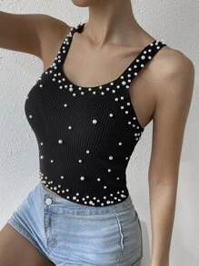 Zolique Pearls Beaded Cami Knit Top - Black - View 6