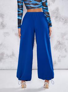 SHEIN BAE Flap Pocket Drawstring Hem Cargo Parachute Trousers - Royal Blue - View 2