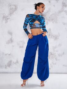 SHEIN BAE Flap Pocket Drawstring Hem Cargo Parachute Trousers - Royal Blue - View 5