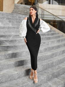 Modelyn Colorblock Cold Shoulder Fringe Trim Bodycon Dress - Black - View 2