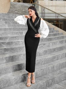 Modelyn Colorblock Cold Shoulder Fringe Trim Bodycon Dress - Black - View 4