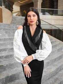 Modelyn Colorblock Cold Shoulder Fringe Trim Bodycon Dress - Black - View 5