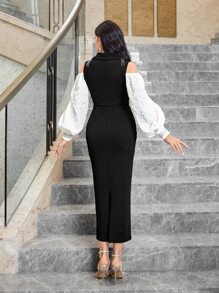 Modelyn Colorblock Cold Shoulder Fringe Trim Bodycon Dress - Black - View 6