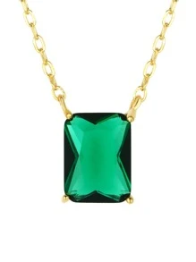 方晶鋯石矩形吊墜銀項鍊 - 金黃色 - 查看 1