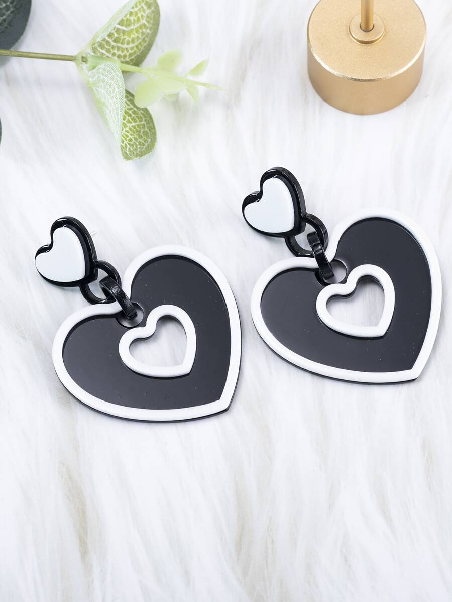 Heart Drop Earrings - Black and White - View 1