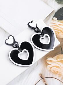 Heart Drop Earrings - Black and White - View 2